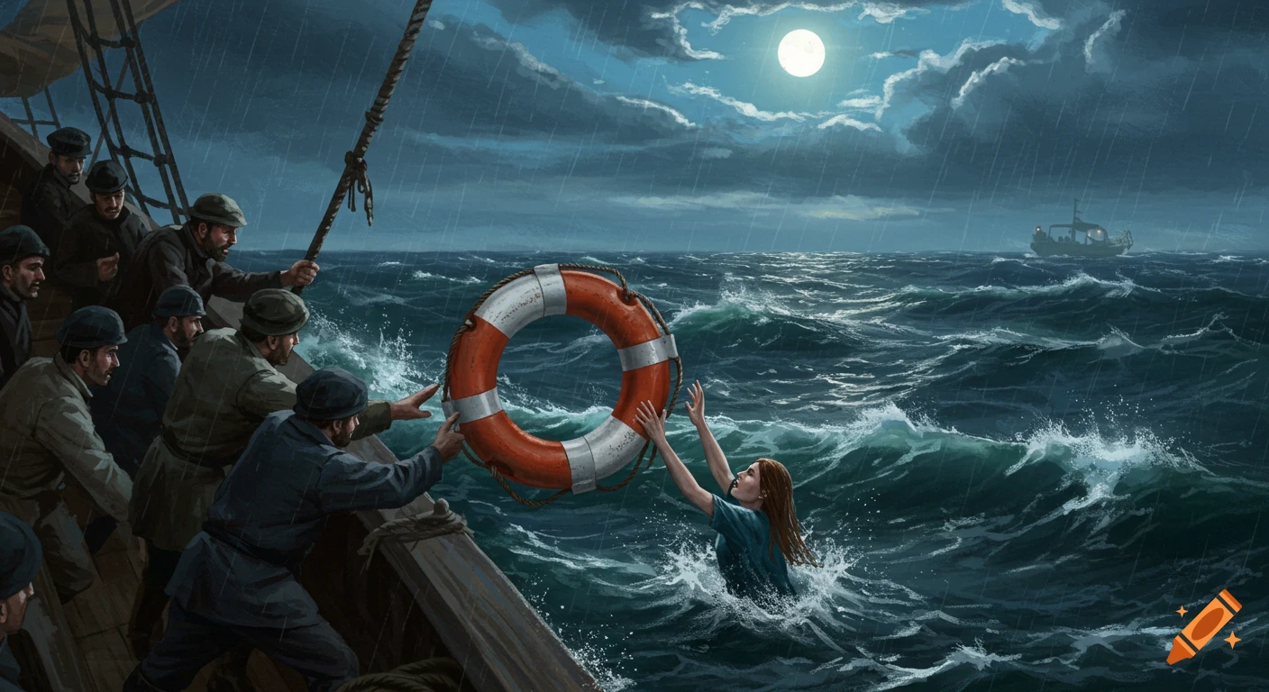 Illustration of men on a ship throwing a life preserver to a woman in stormy seas at night.