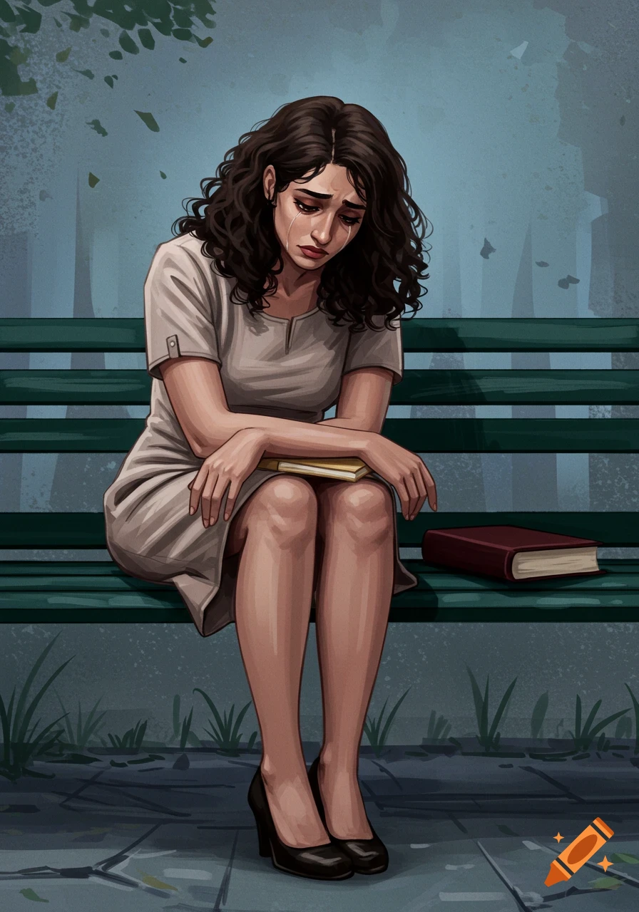 Illustration of a sad woman sitting on a park bench holding a book.