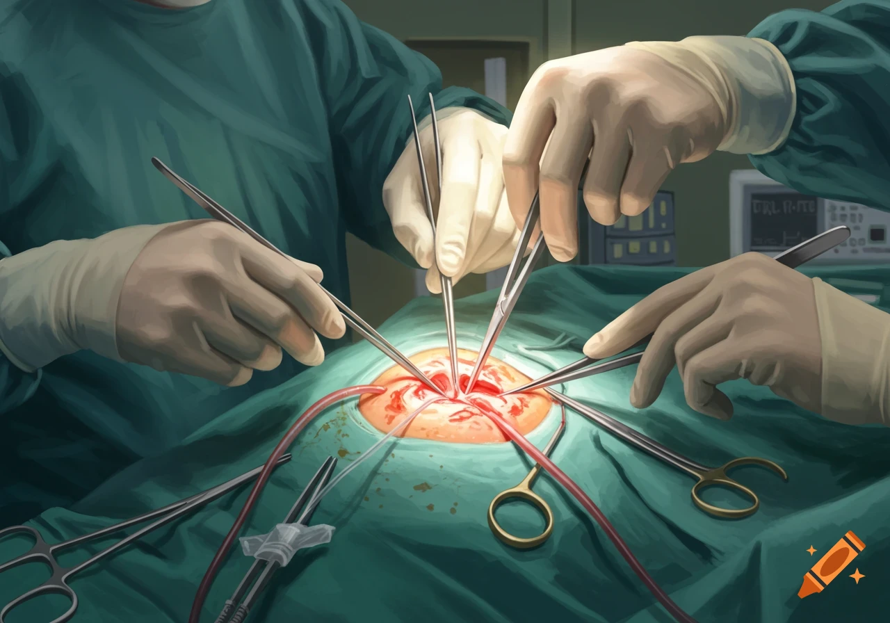 Multiple gloved hands perform surgery with instruments over an incision in a painterly style.