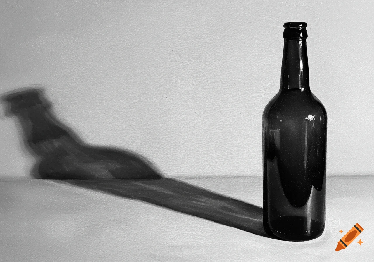 Black and white painting of a bottle casting a long shadow.