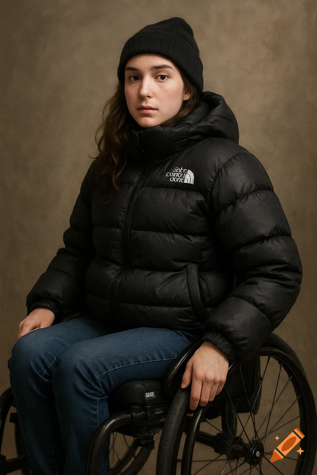 A young woman in a black puffer jacket and beanie sits in a wheelchair. Photorealistic portrait.