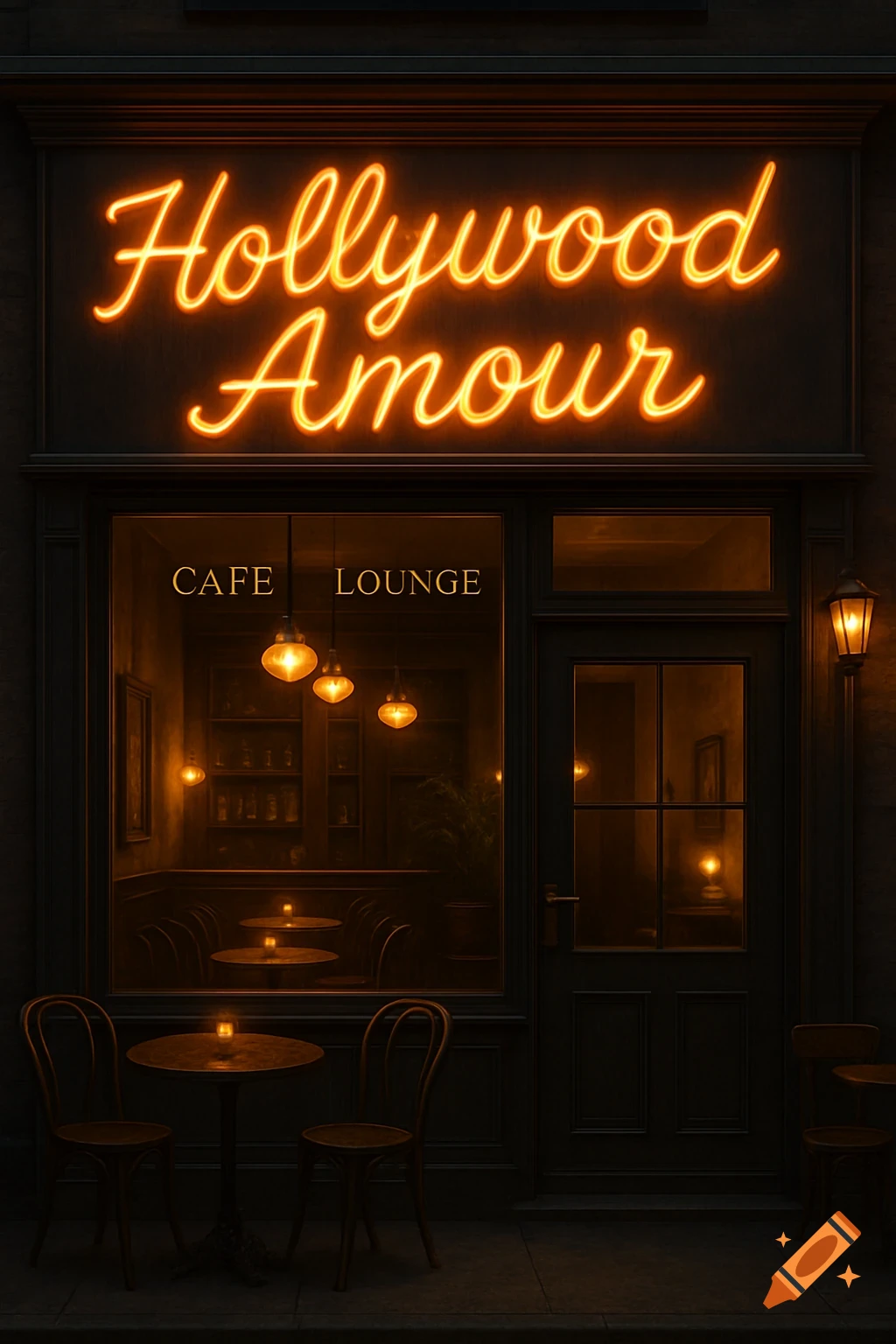 Cafe exterior at night with glowing neon sign 'Hollywood Amour'.