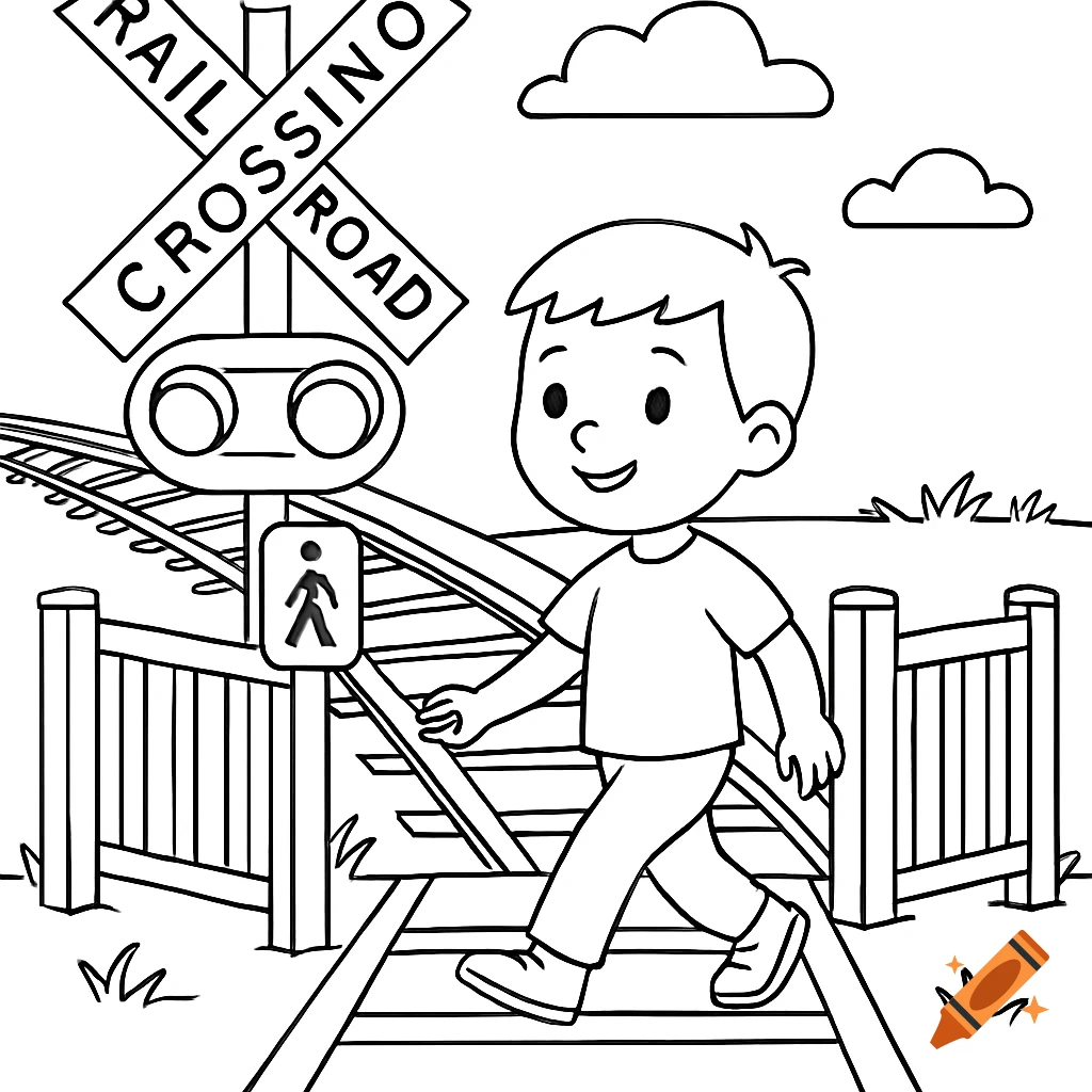 Black and white line drawing of a boy crossing a railway track at a pedestrian crossing with a sign and gates.