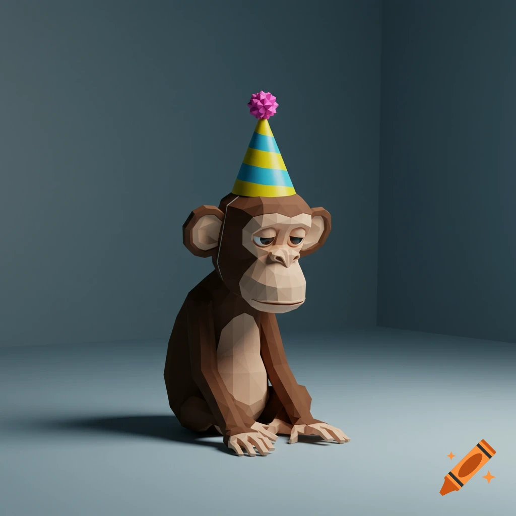 A sad low-polygon monkey wearing a party hat sits alone in a room.