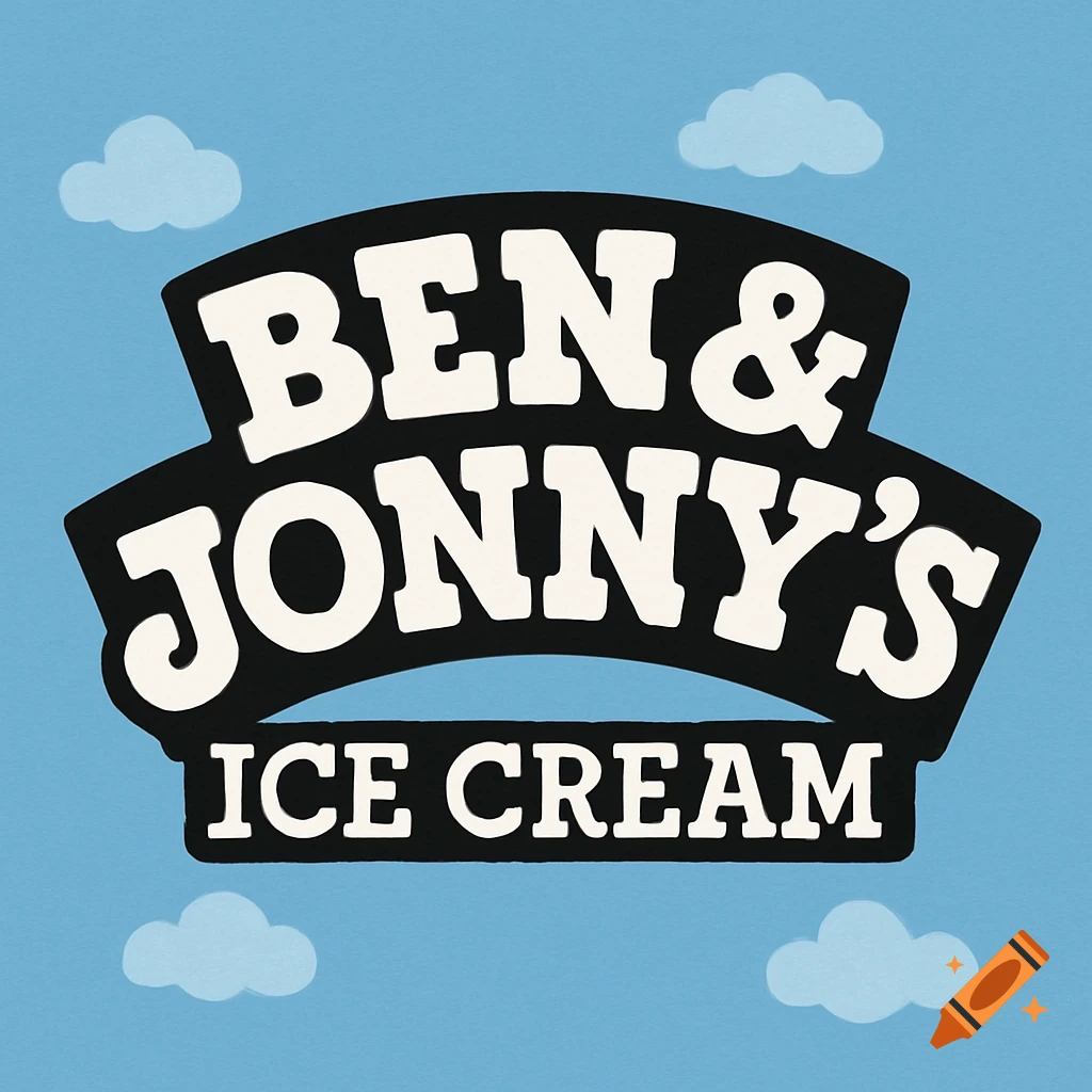 Logo for Ben & Jonny's Ice Cream against blue sky and clouds