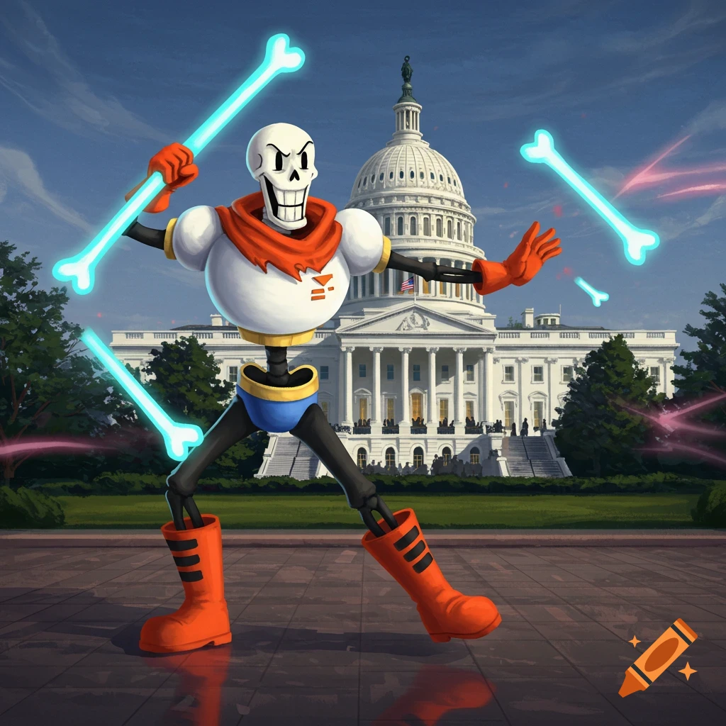 Stylized illustration of Papyrus from Undertale standing in front of the US Capitol building, holding glowing blue bones.