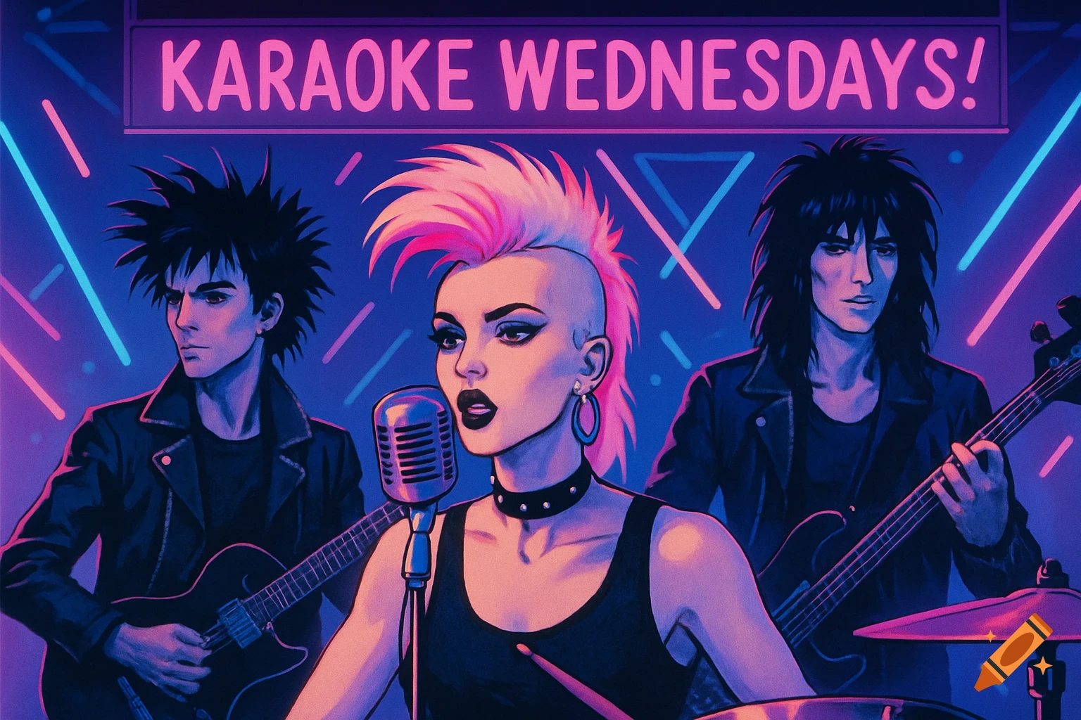 Punk band playing under a neon 'KARAOKE WEDNESDAYS!' sign with guitarist, bassist, and singer in 80s new wave style.