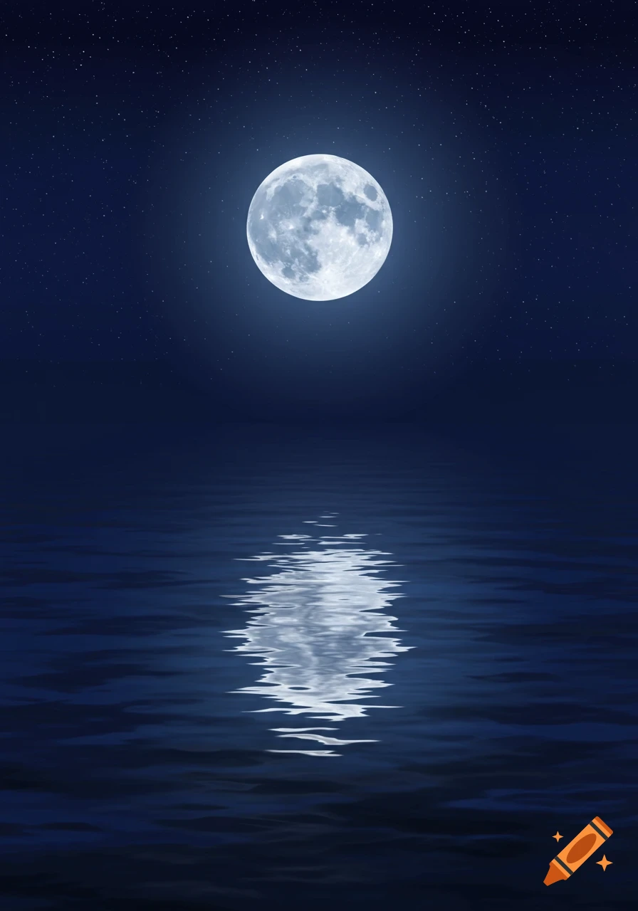 Full moon in a starry night sky reflecting on calm water.