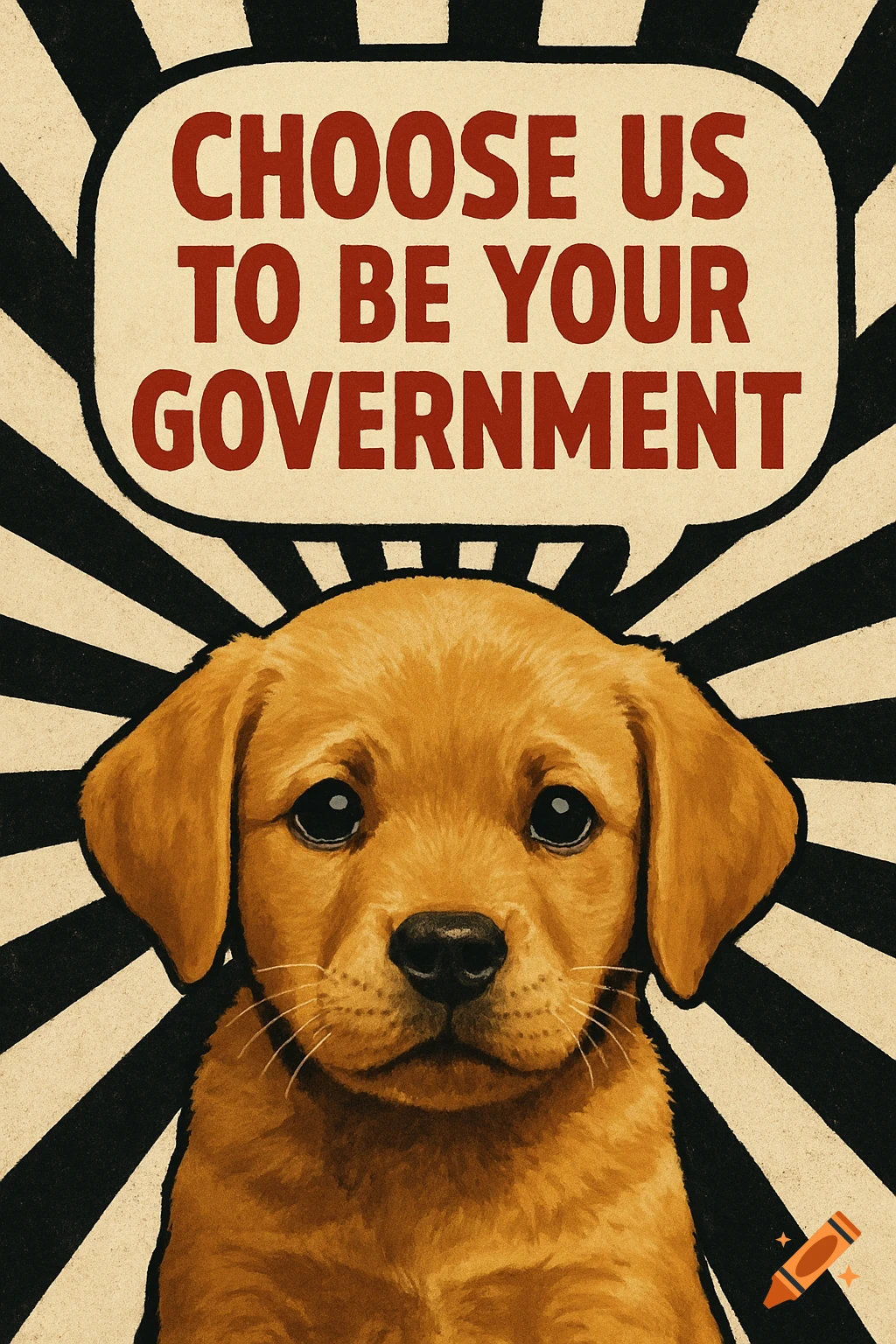 Propaganda poster featuring a sad puppy under a speech bubble that reads "Choose Us To Be Your Government" on a striped background.