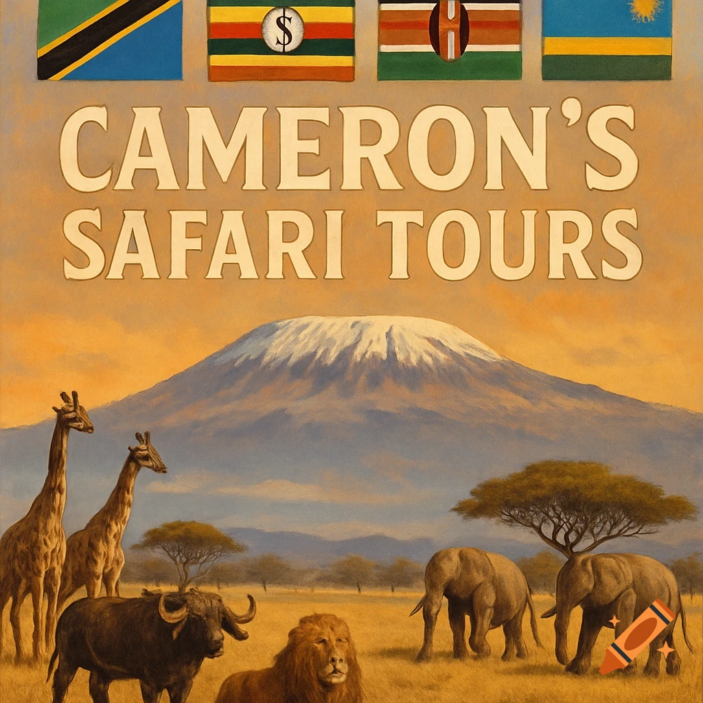 Safari scene illustration with giraffes, buffalo, lion, and elephants in a savanna with a mountain in the background, flags above, and text saying "CAMERON'S SAFARI TOURS".