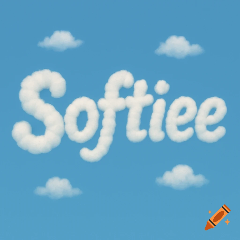 A logo showing the word Softiee made of soft white clouds in a blue sky with small clouds around it.