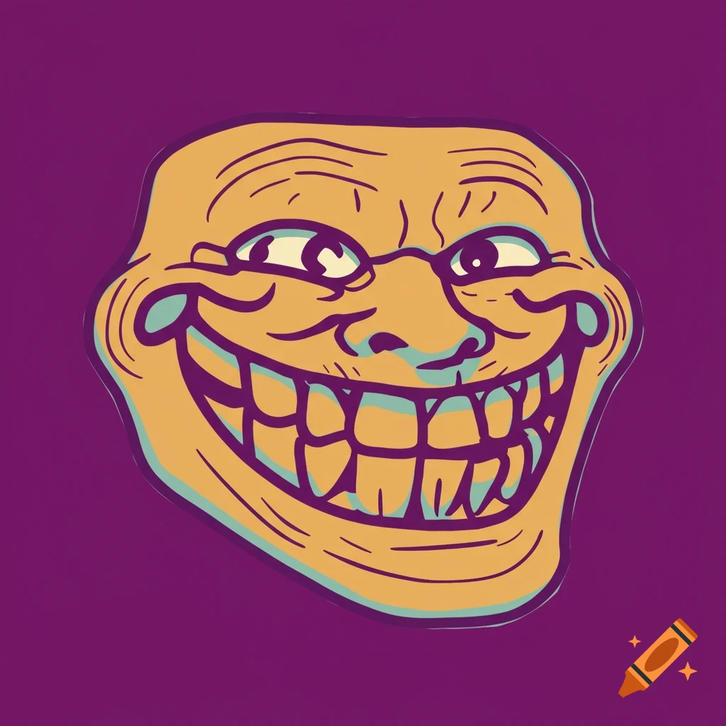 A yellow cartoon Trollface meme with a wide grin on a purple background.
