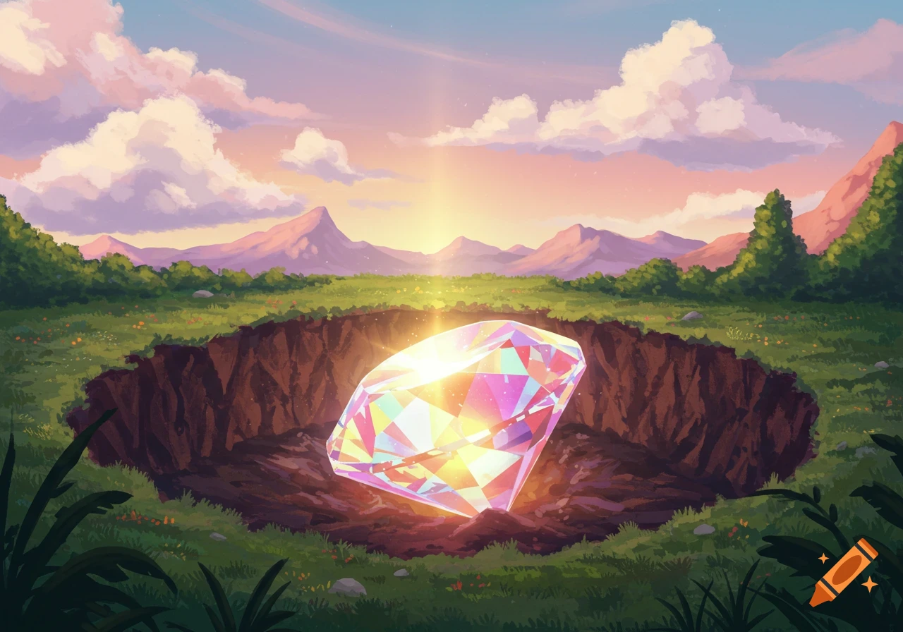 A colorful diamond glows in a hole in a grassy field under a sunset sky with mountains.