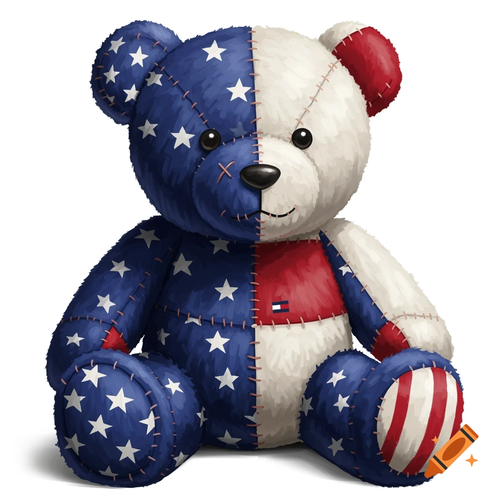 Patchwork teddy bear in red, white, and blue with stars and stripes