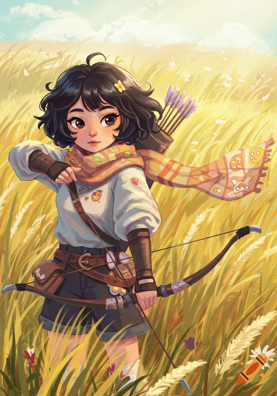 A cute stylized illustration of an Asian woman archer in a sunny grassland.