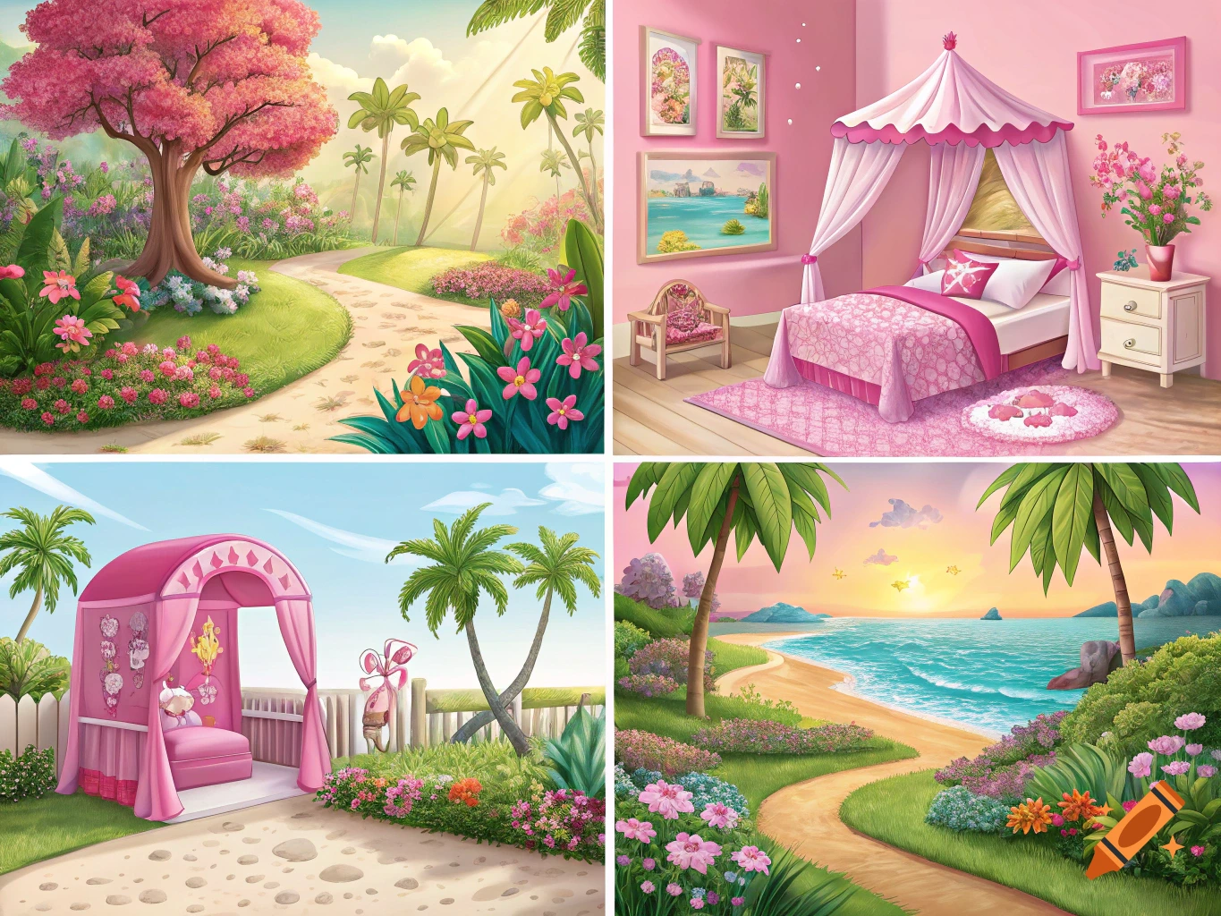 Collage of four cartoon-style images: tropical garden, pink bedroom, outdoor pink structure, and a beach at sunset.