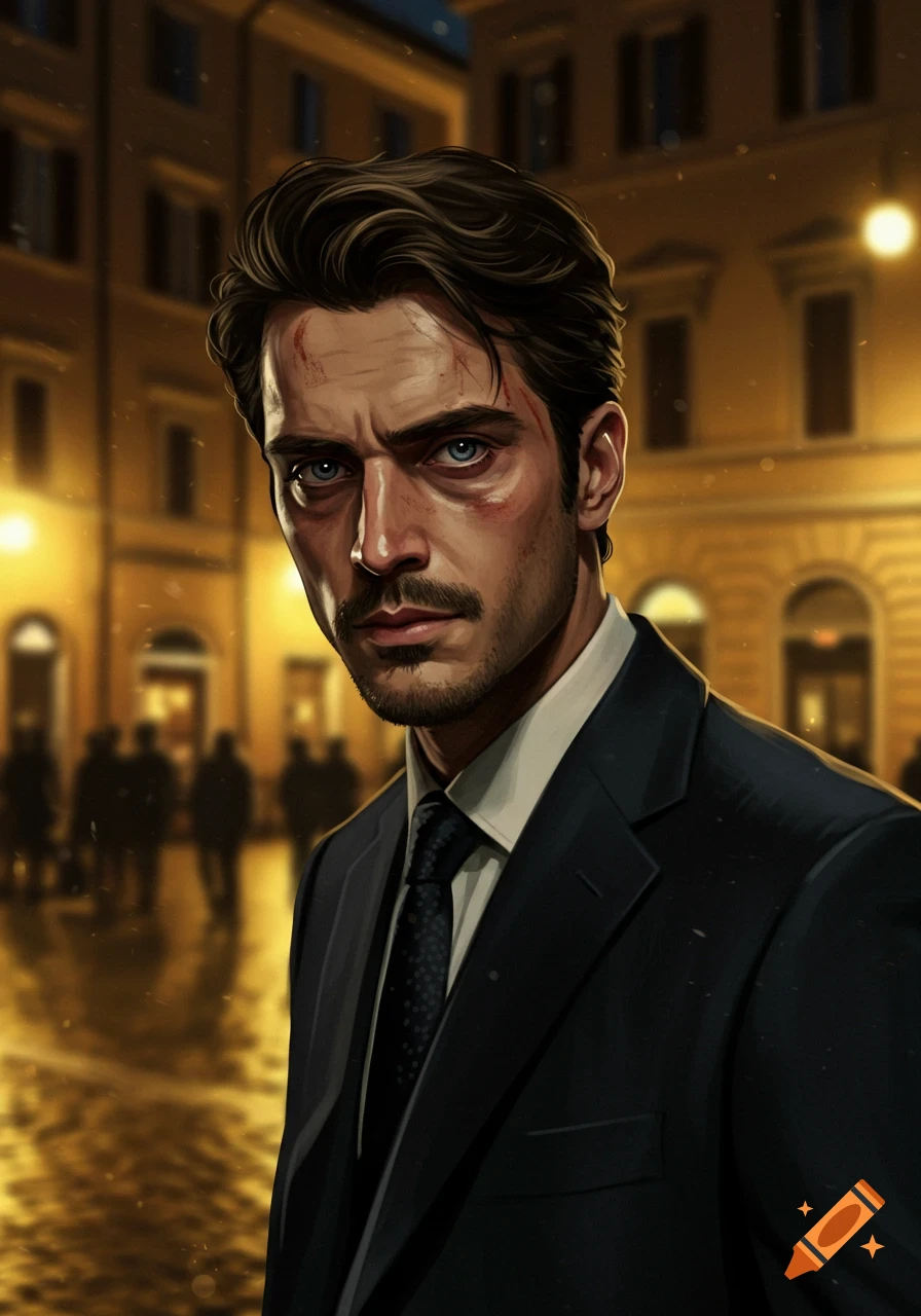 A man with dark hair and blue eyes, wearing a suit, looks sternly at the viewer. He has cuts on his face in a city street at night.