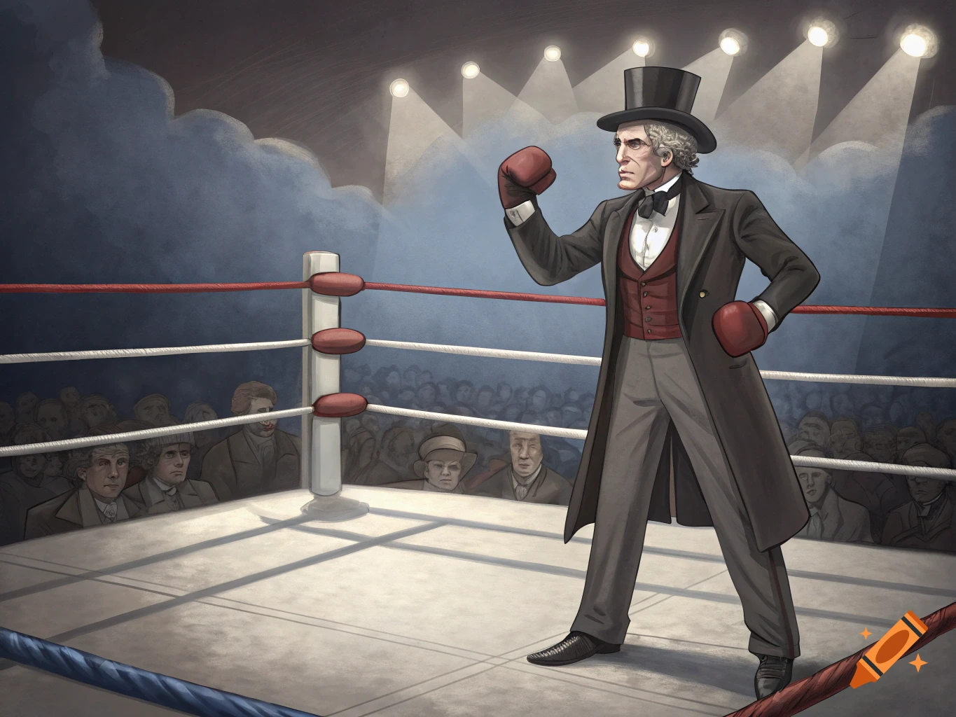 Historical figure in a top hat and boxing gloves stands in a boxing ring with a crowd watching.