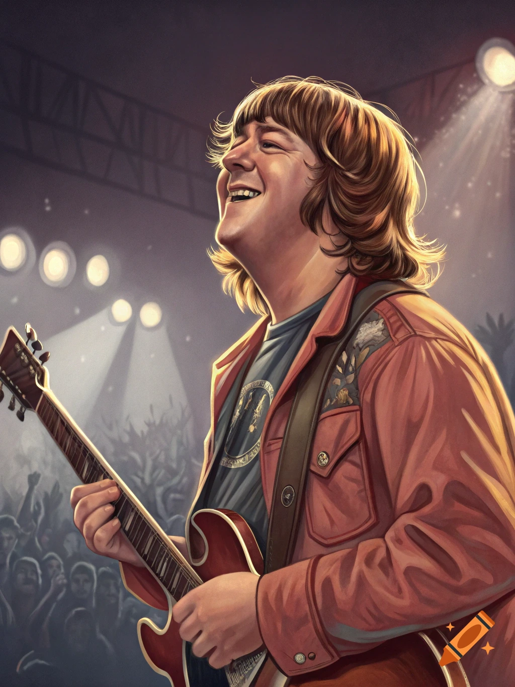 Illustration of a man playing guitar on stage at a concert