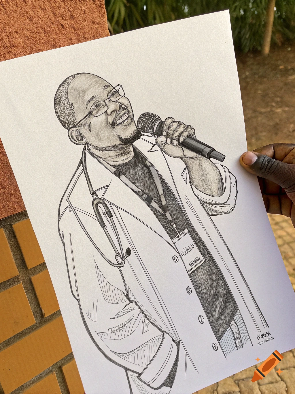 Sketch of a man in a lab coat holding a microphone