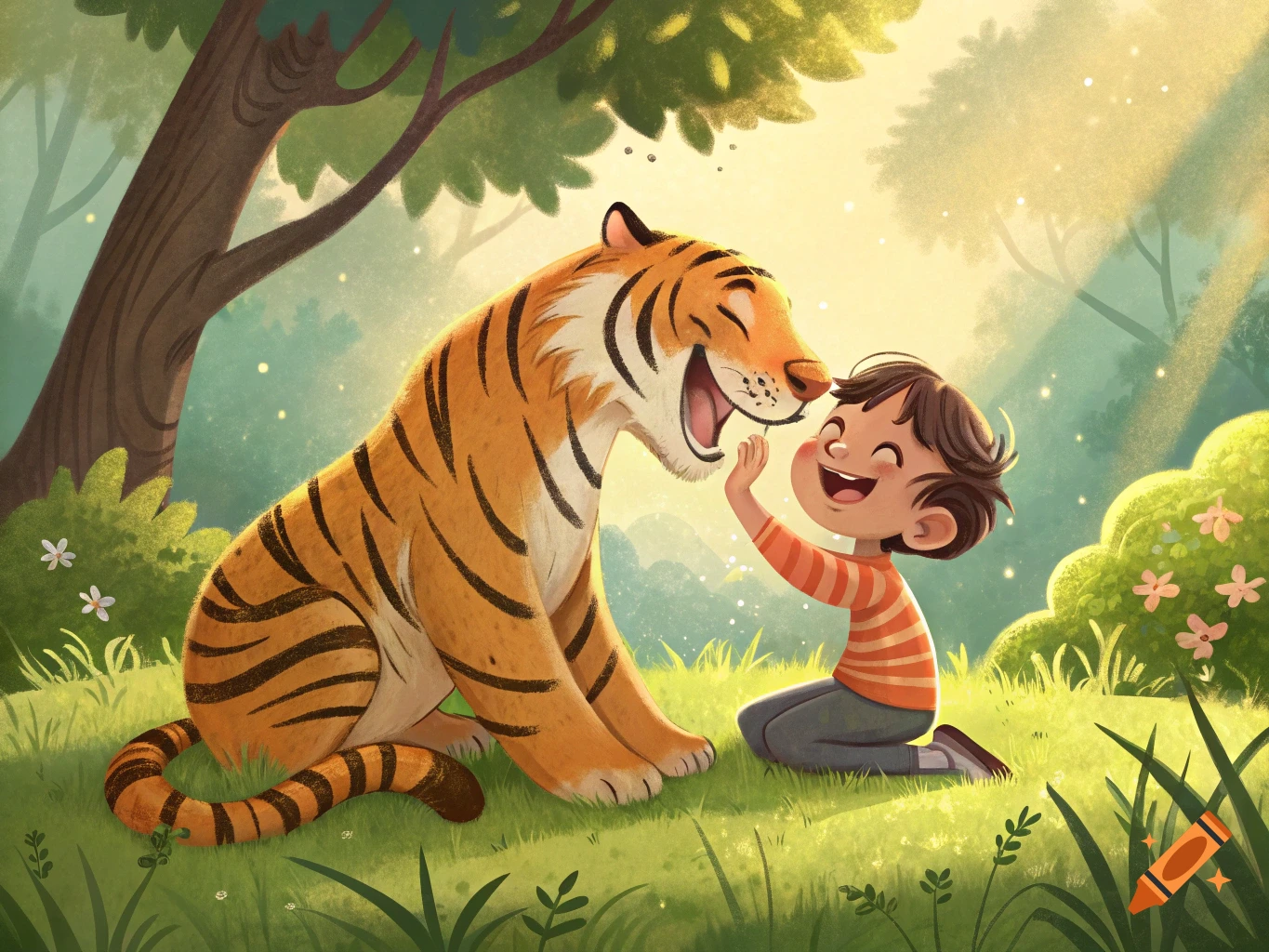 A happy child pets a smiling tiger in a sunny, illustrated forest.
