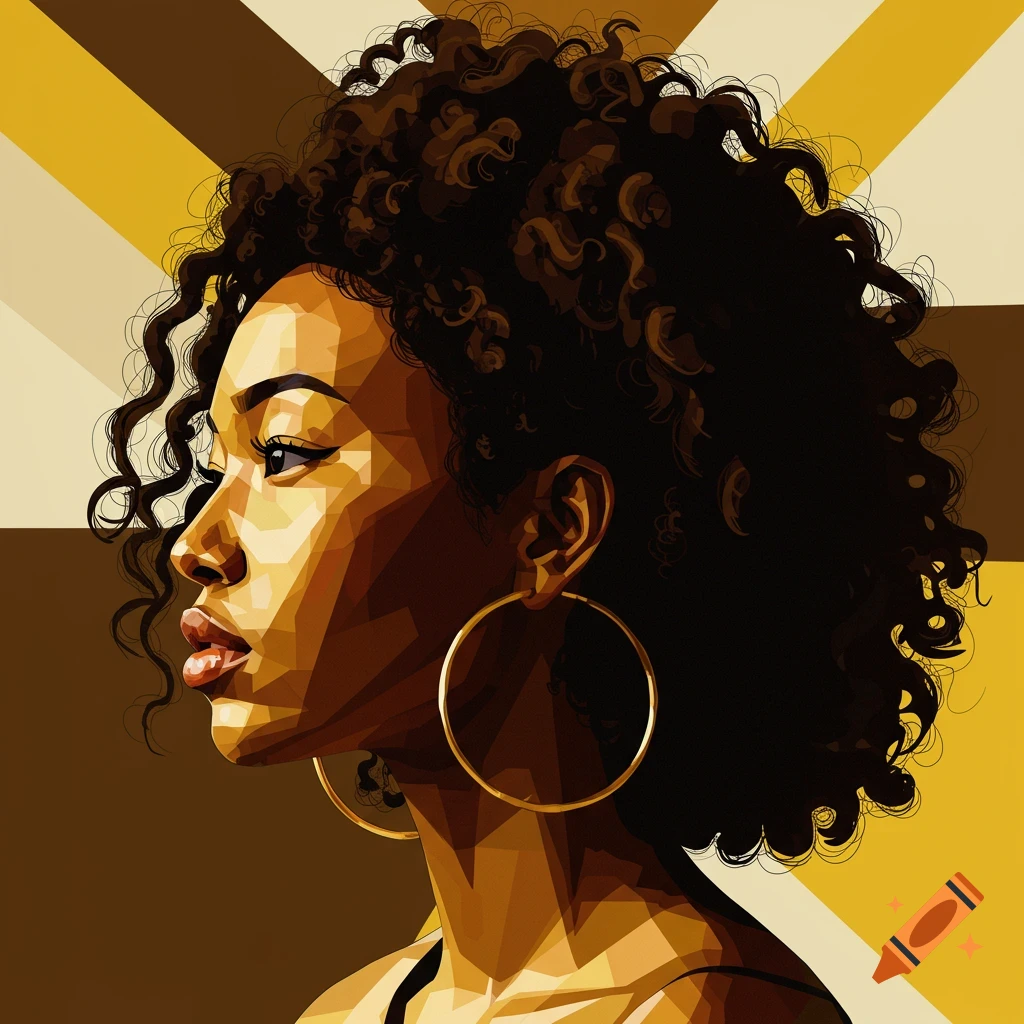 Mosaic portrait of a woman with curly hair and hoop earrings.