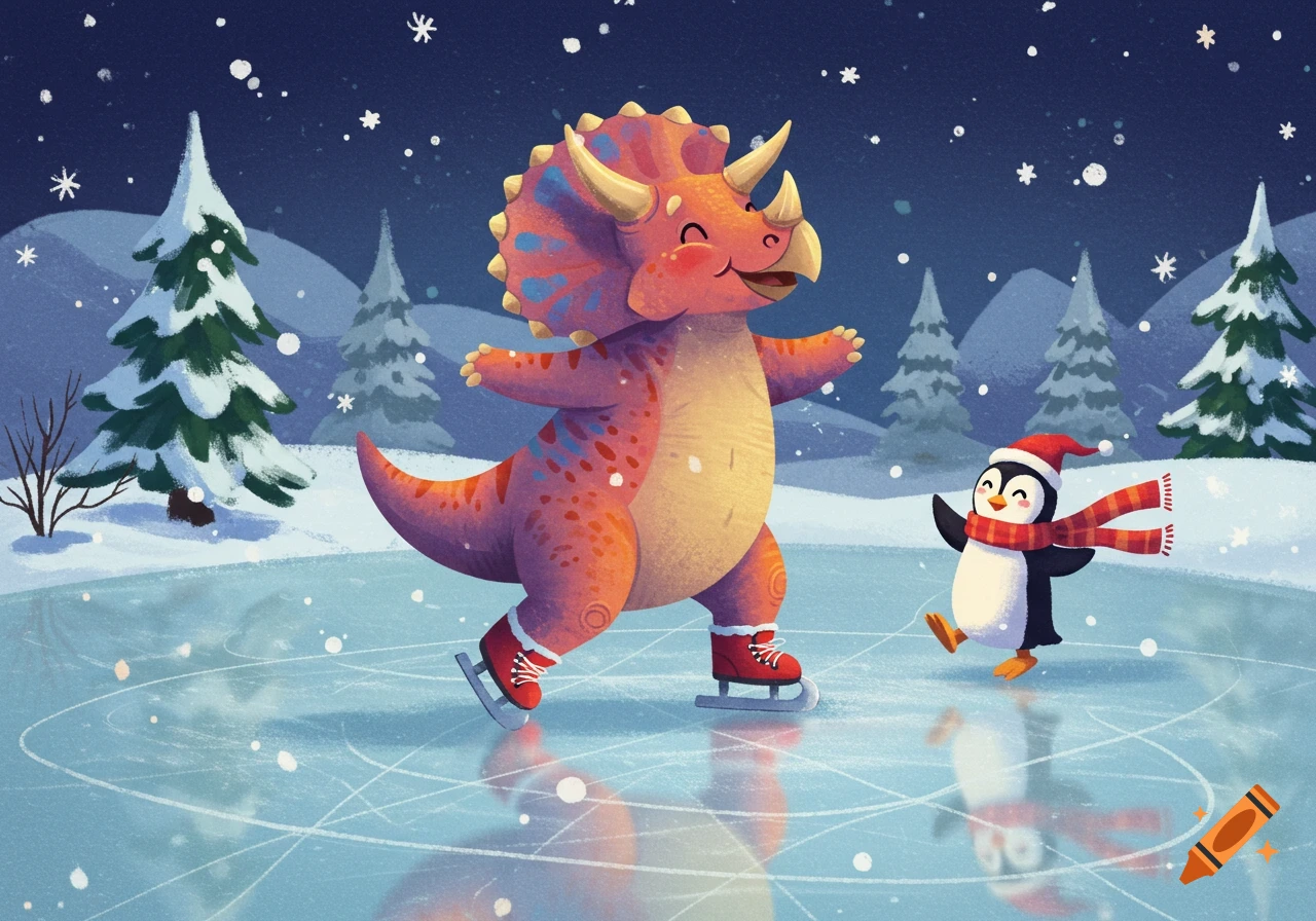 A cute cartoon triceratops and a penguin in a Santa hat ice skate together in a snowy, nighttime landscape.