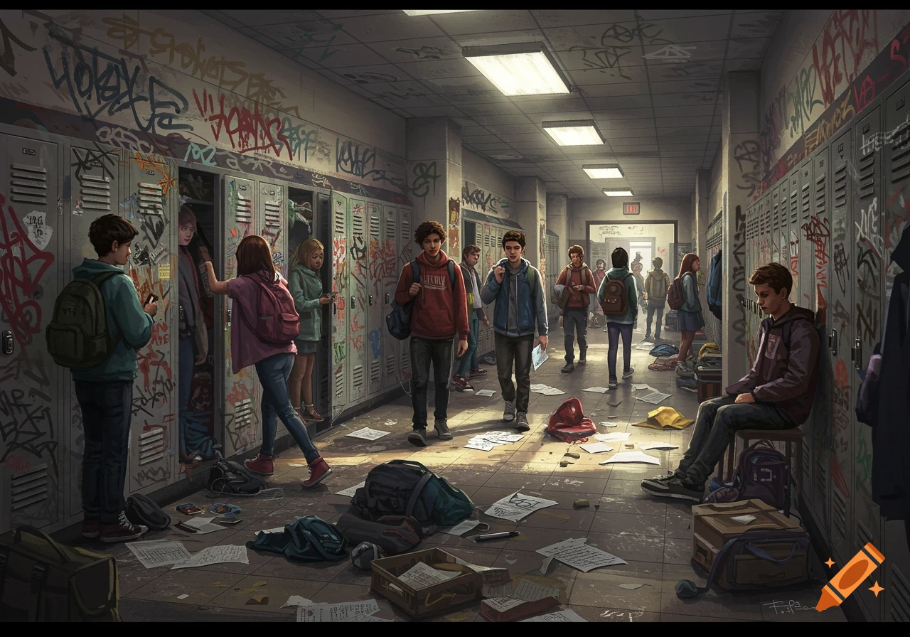 Students stand and walk in a messy high school hallway with graffiti on lockers and walls.