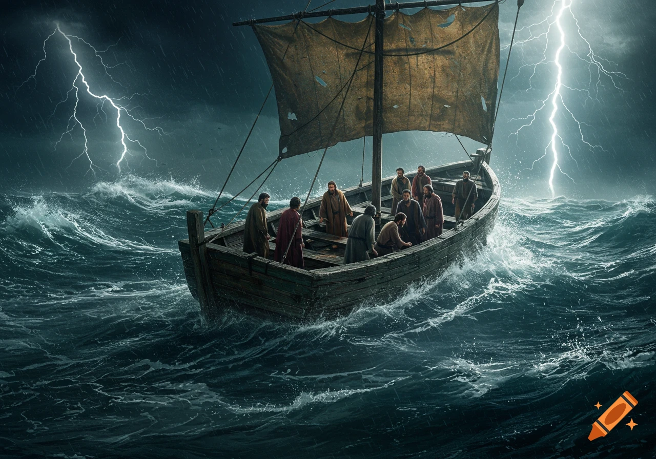 A boat full of people struggles through a stormy sea with high waves and lightning.
