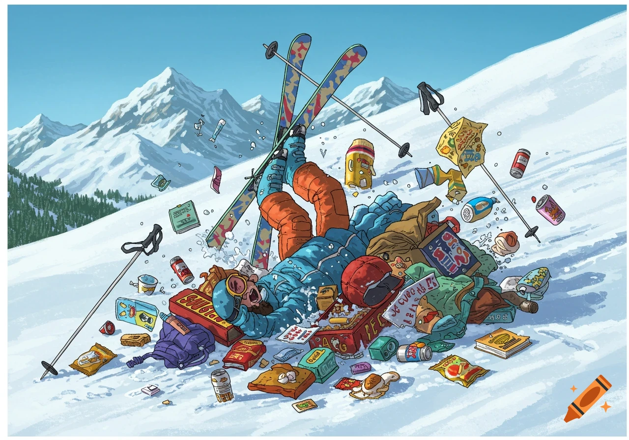 Cartoon illustration of a skier who crashed on a snowy mountain slope with their belongings scattered around them.