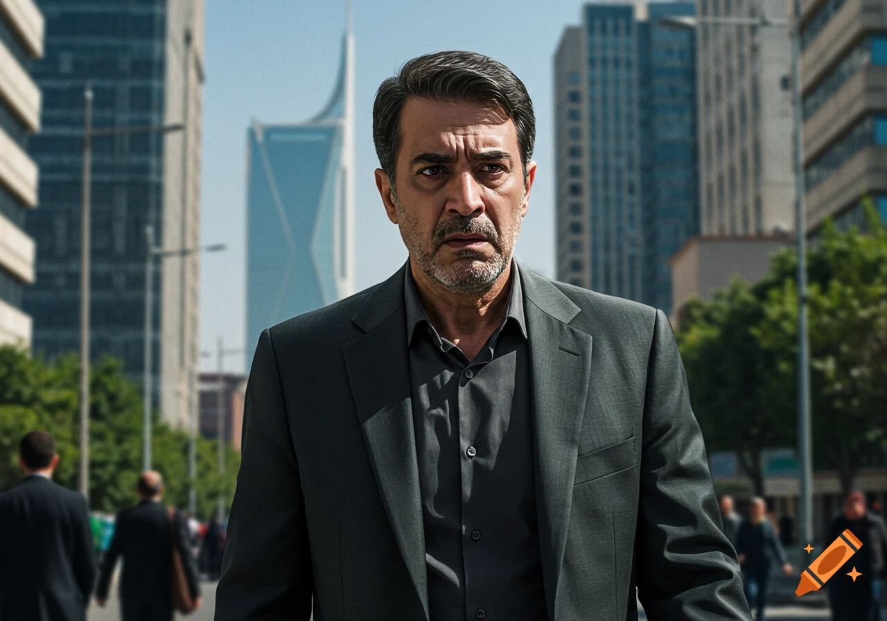 Man in suit with a serious expression stands in a city street