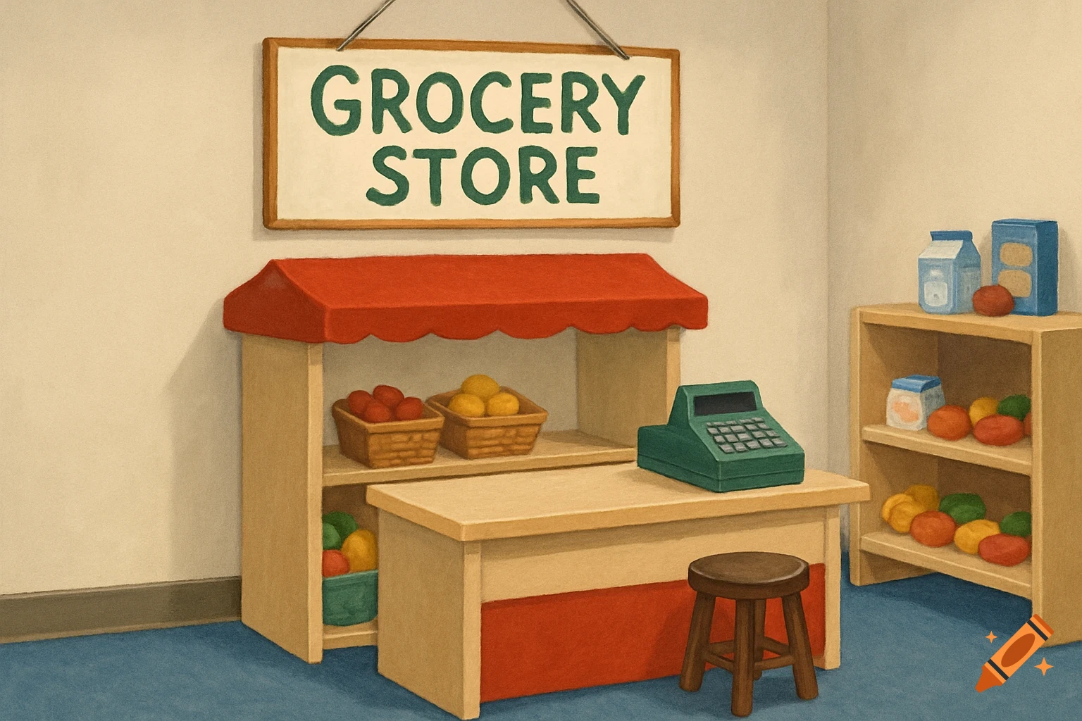 A preschool dramatic play grocery store with a sign, shelves of food, cash register, and stool.