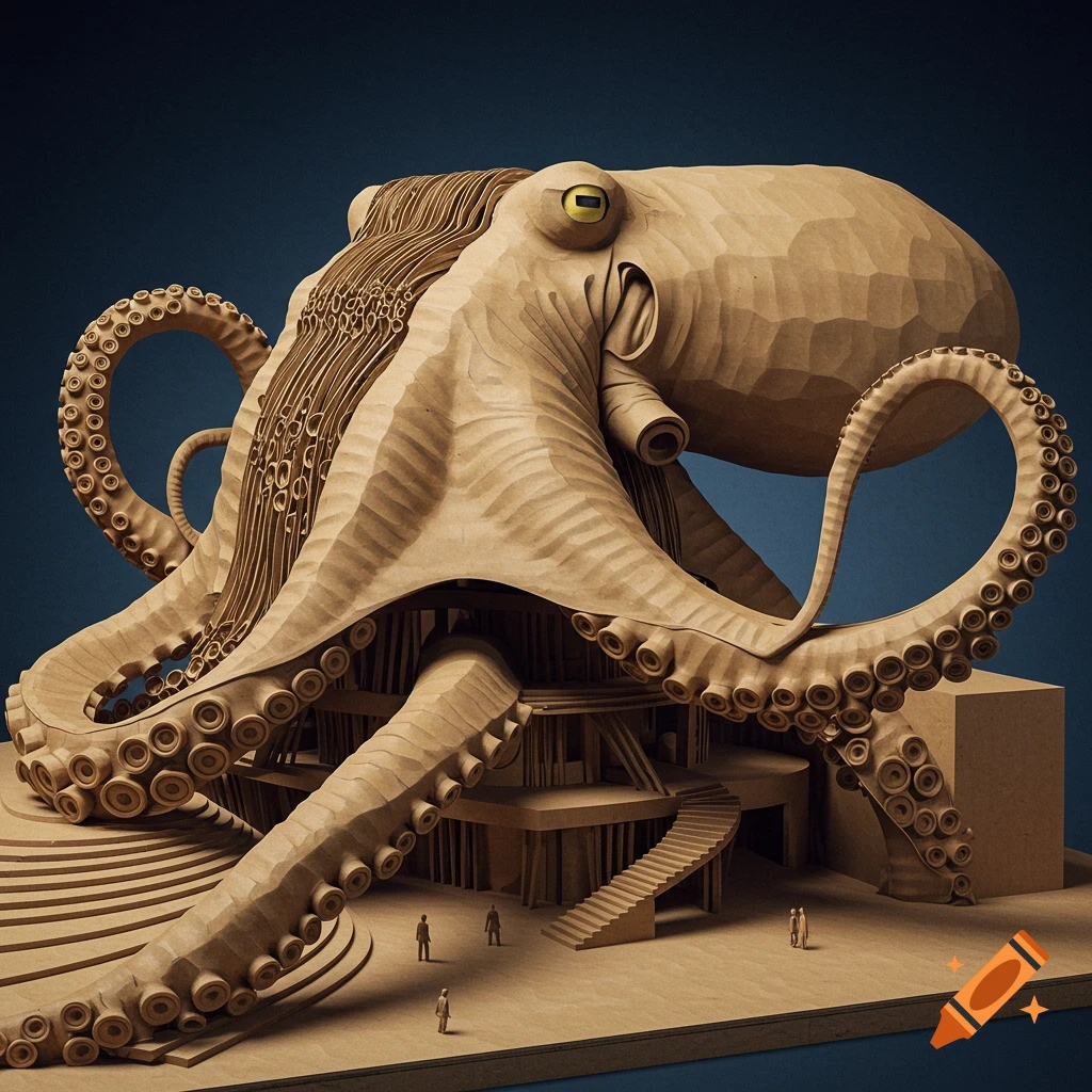 Cardboard model of an architectural building shaped like an octopus.