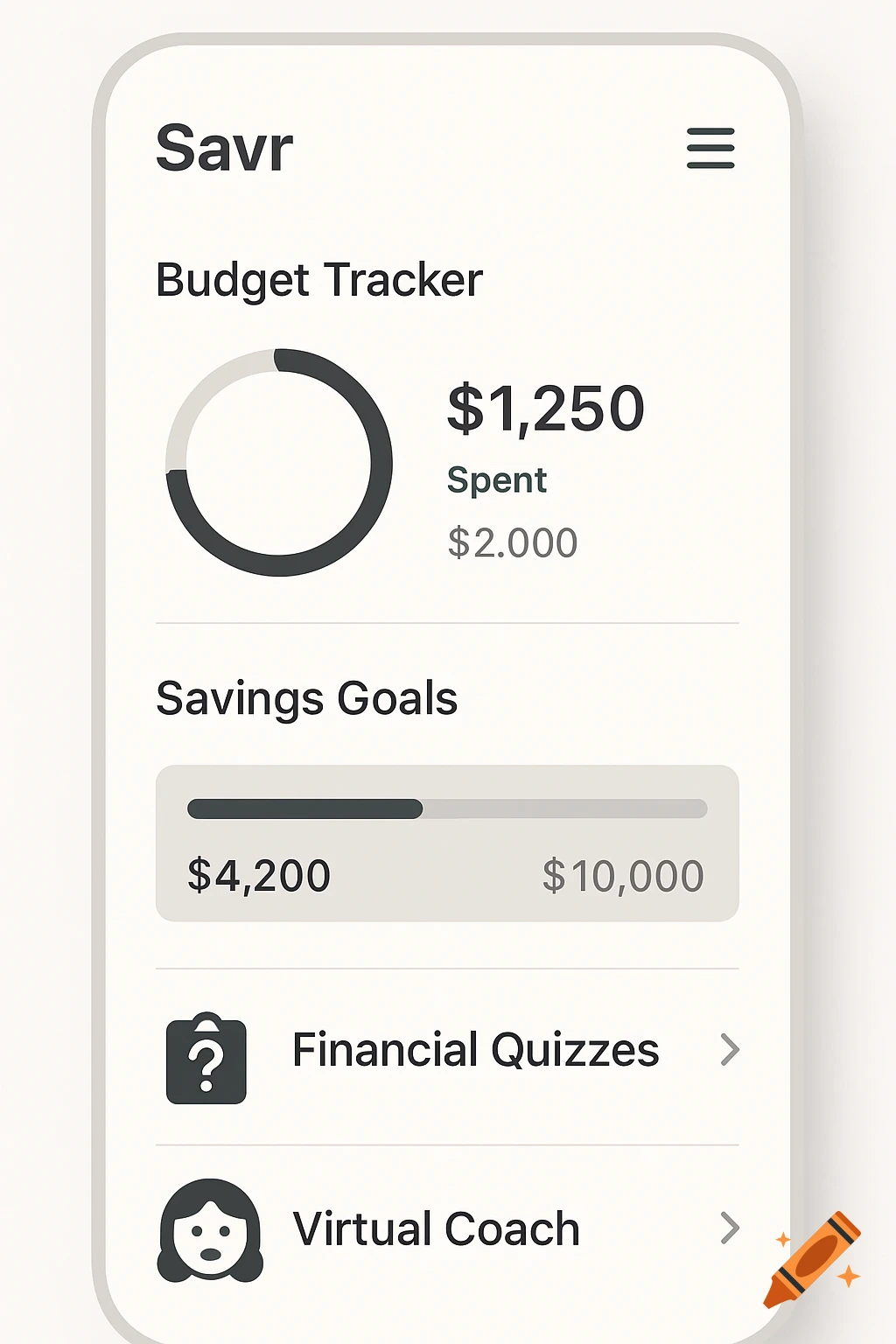 Clean, minimalistic app UI for Savr, showing a budget tracker, savings goals, financial quizzes, and virtual coach.