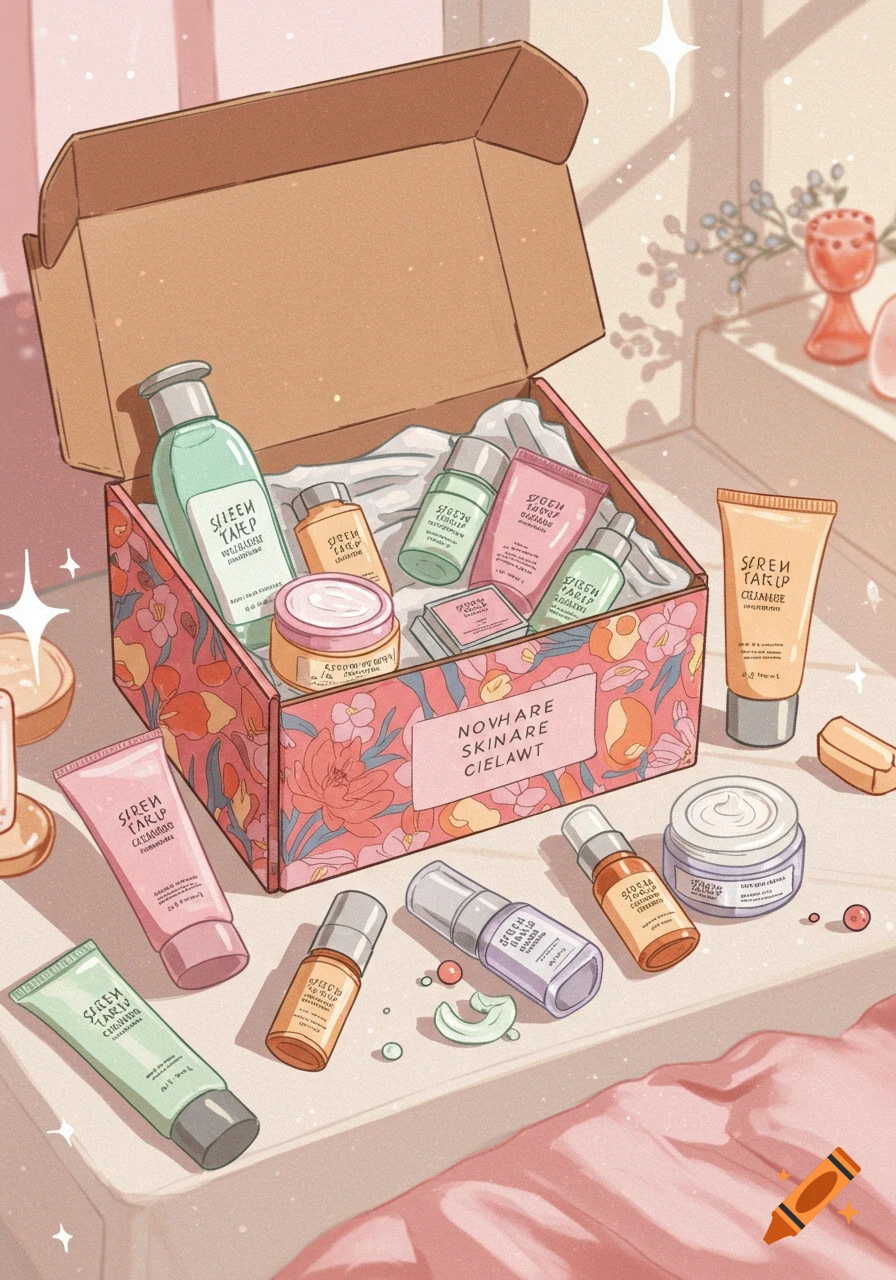 Illustrated scene of a box filled with skincare products.
