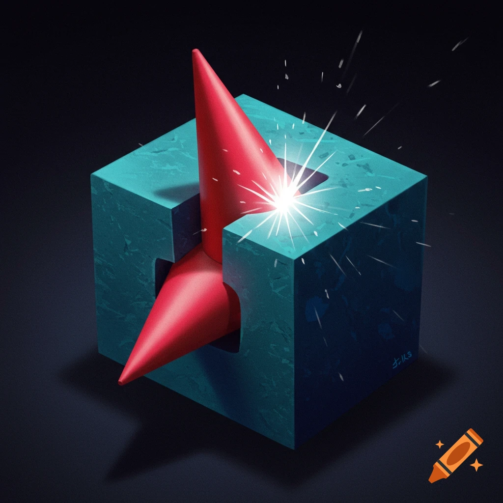 A red cone intersects a teal cube, generating light and sparks.