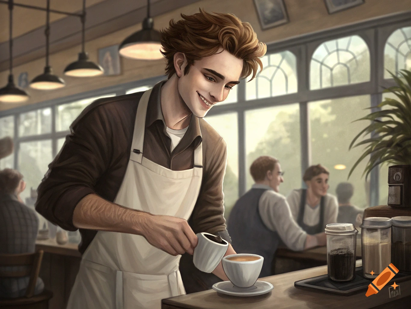 Edward Cullen depicted as a barista pouring coffee in a coffee shop.