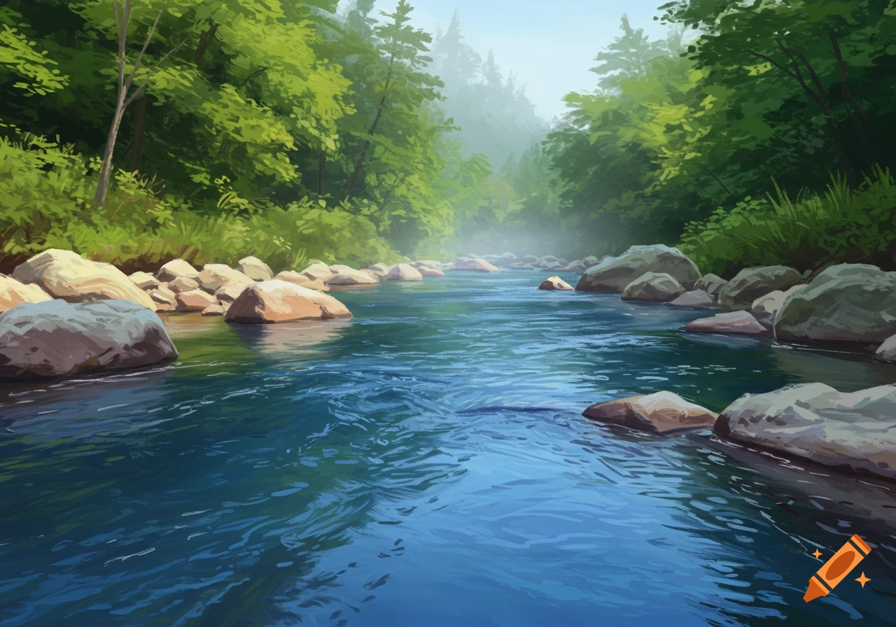 A painted river scene with rocks on the banks and lush green trees.