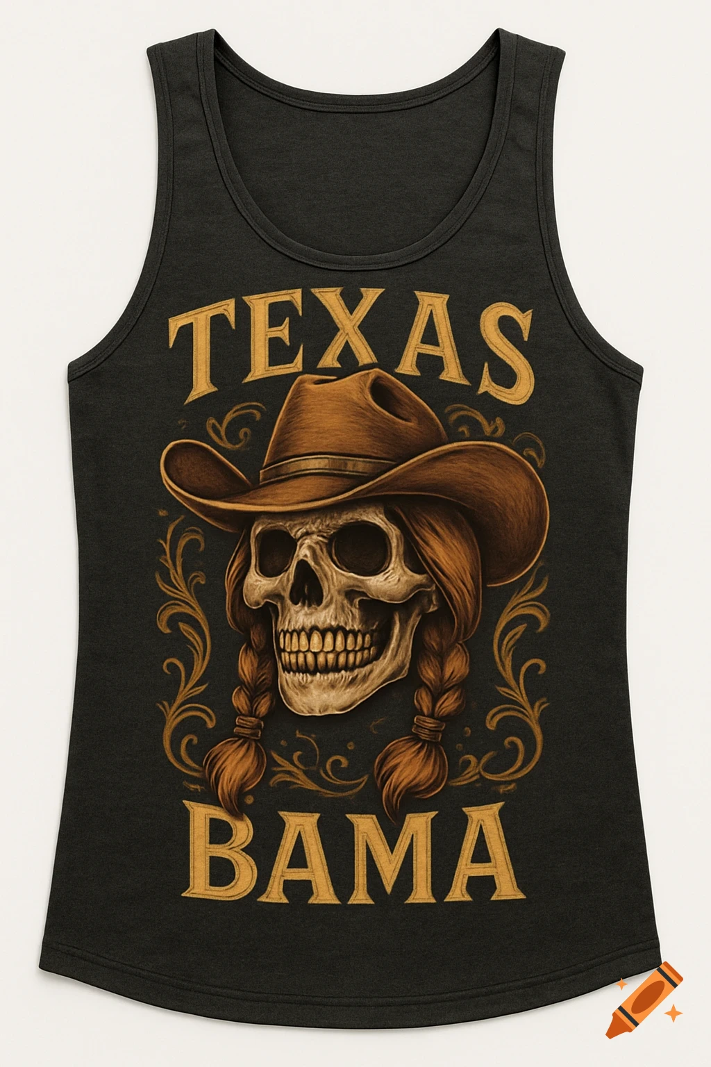 Black tank top with a skull wearing a cowboy hat and braids, with 'TEXAS' and 'BAMA' text.