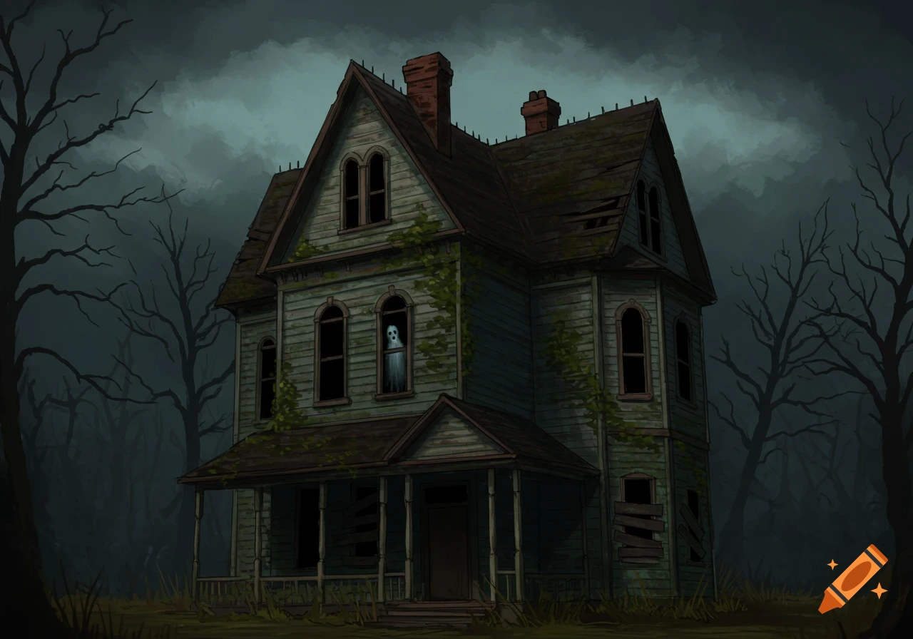 Spooky rundown Victorian house in a dark forest with a ghost in a window, illustration style.