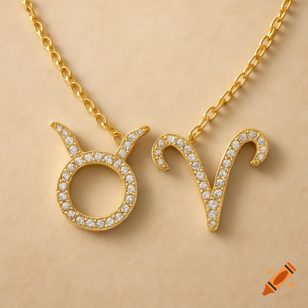 Two gold necklace charms, Taurus and Aries symbols encrusted with diamonds, on a beige background.