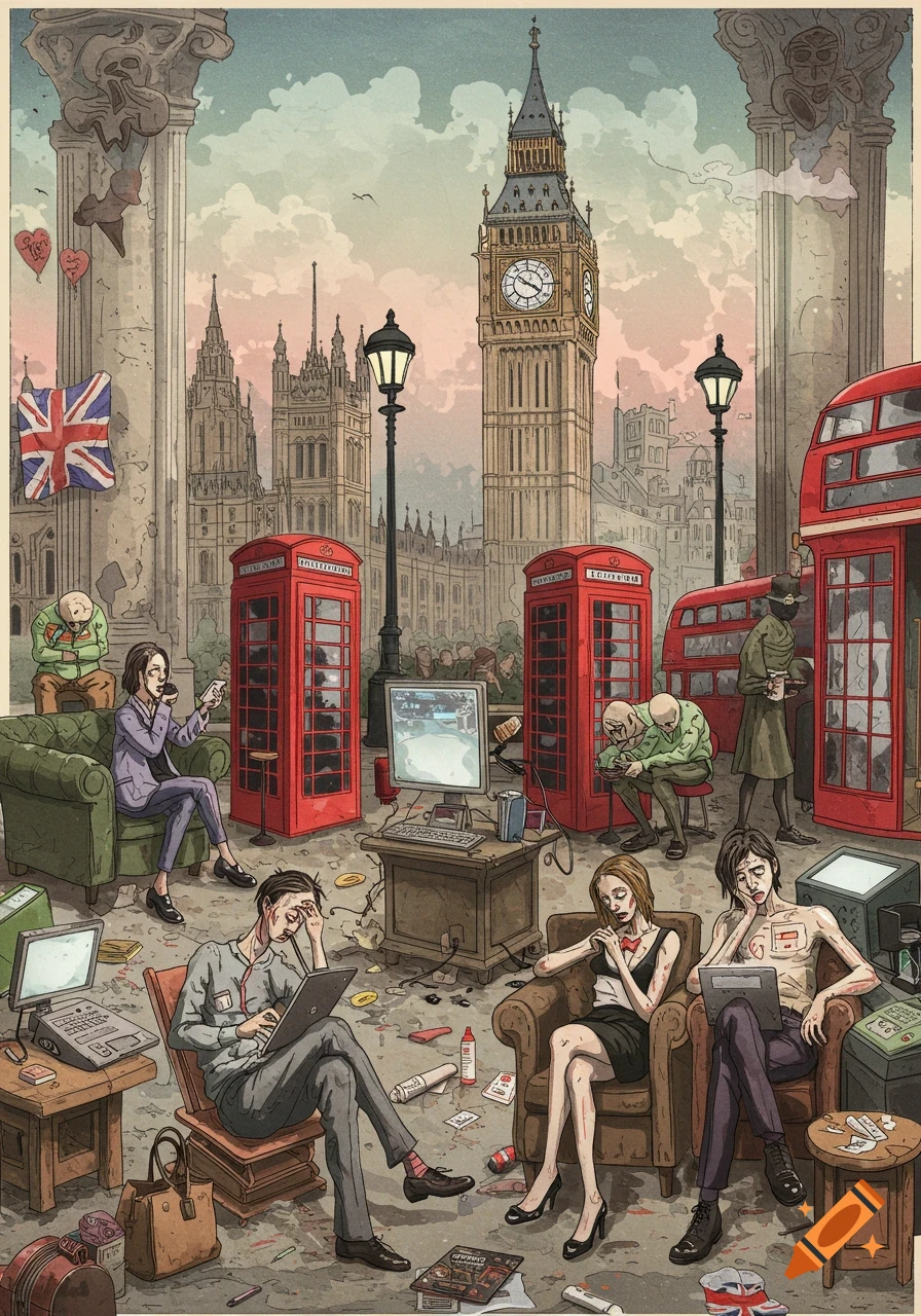 Illustration of people engrossed in screens on a cluttered London street with Big Ben and phone booths.