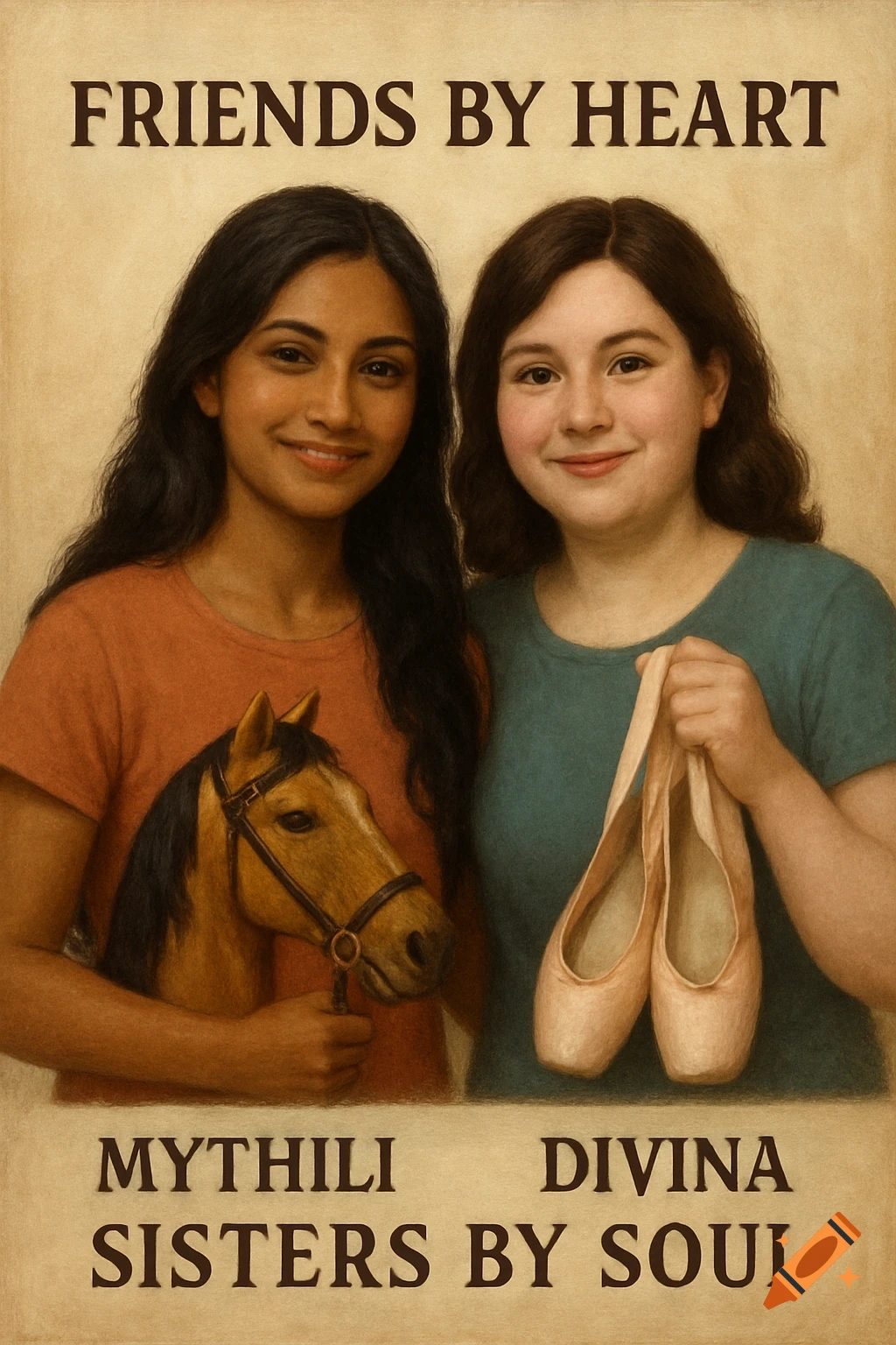 A portrait of two friends, one holding a horse figure and the other holding ballet shoes, with text 'Friends By Heart, Sisters By Soul'.