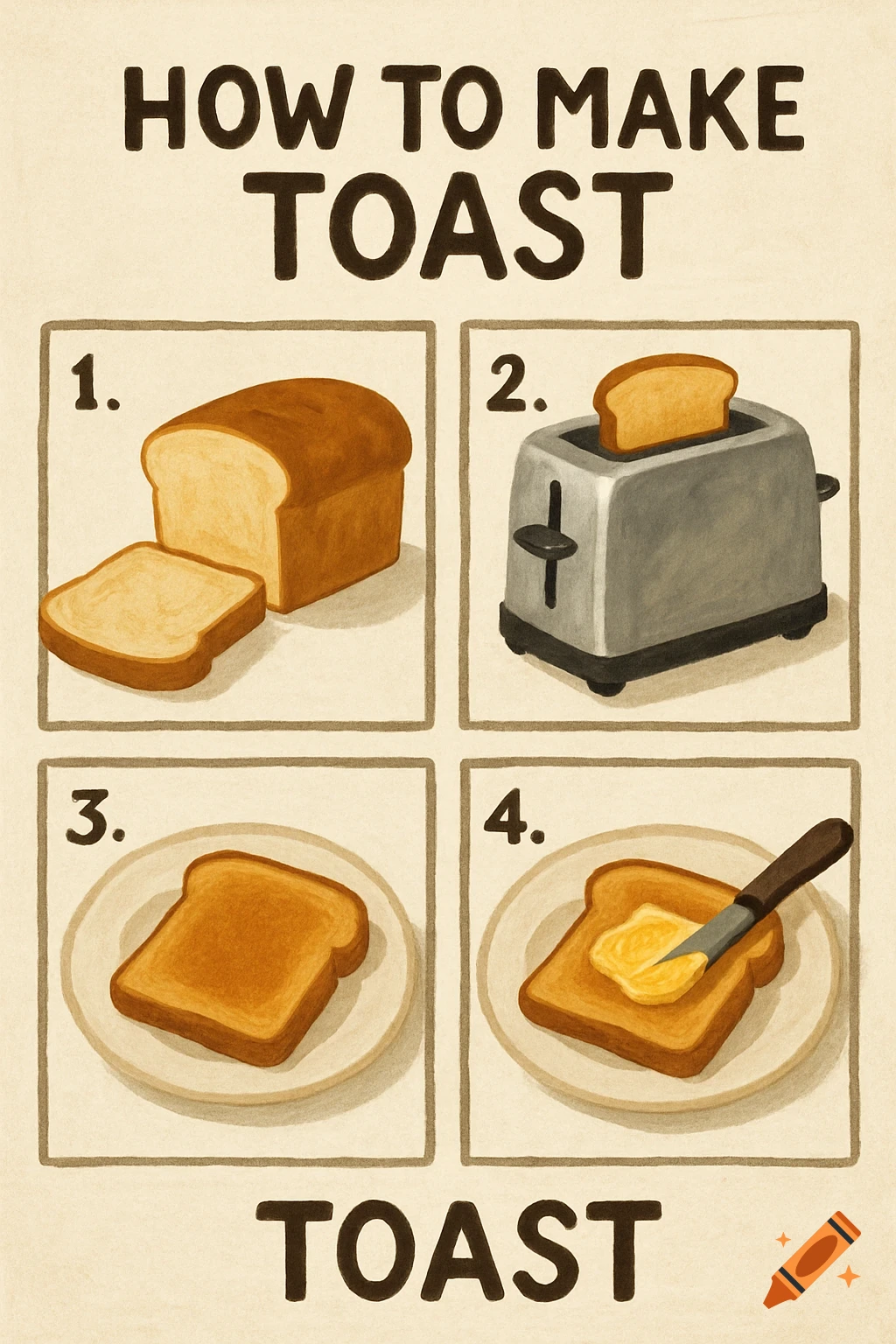 Step-by-step illustration on making toast.