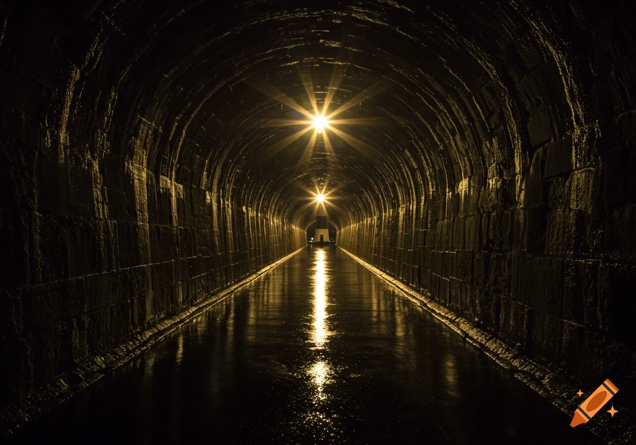 Long, dark tunnel with bright lights reflecting on a wet floor, leading to a figure in the distance. Photorealistic style.