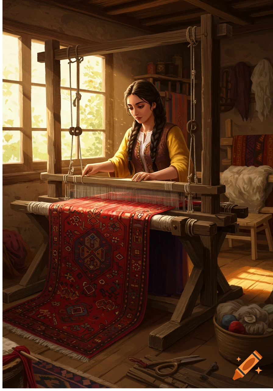 A woman weaves a red rug on a large wooden loom in a sunny room.