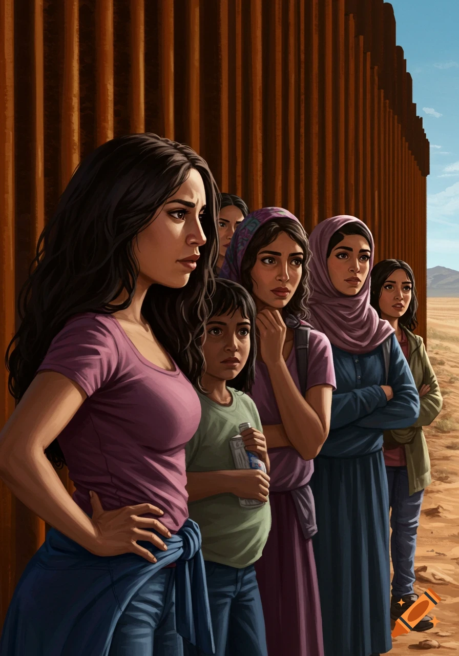 Illustration of a group of women and a child standing near a tall border wall in a desert, looking with concern.