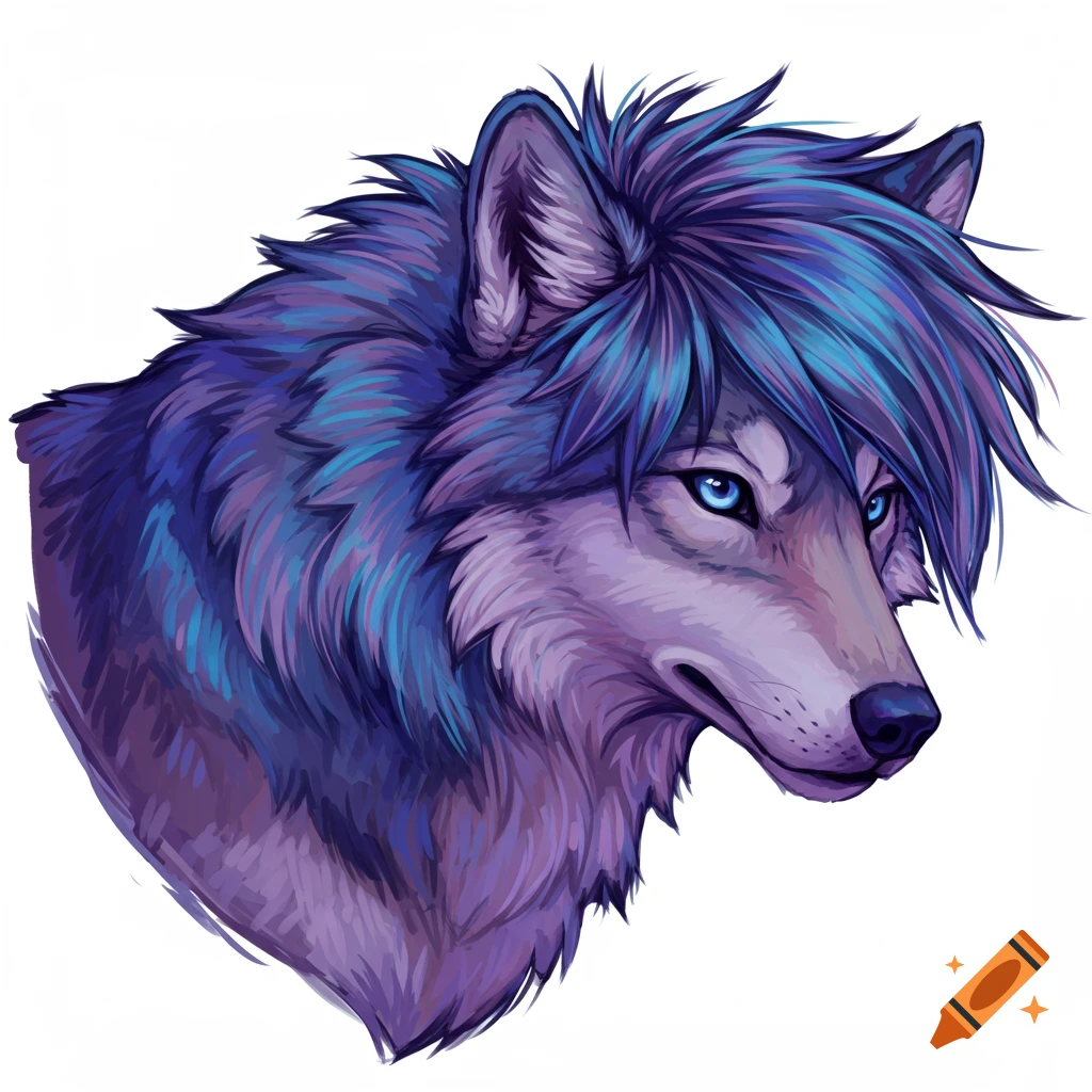 Stylized illustration of a purple and blue wolf with a blue wolf cut hairstyle.