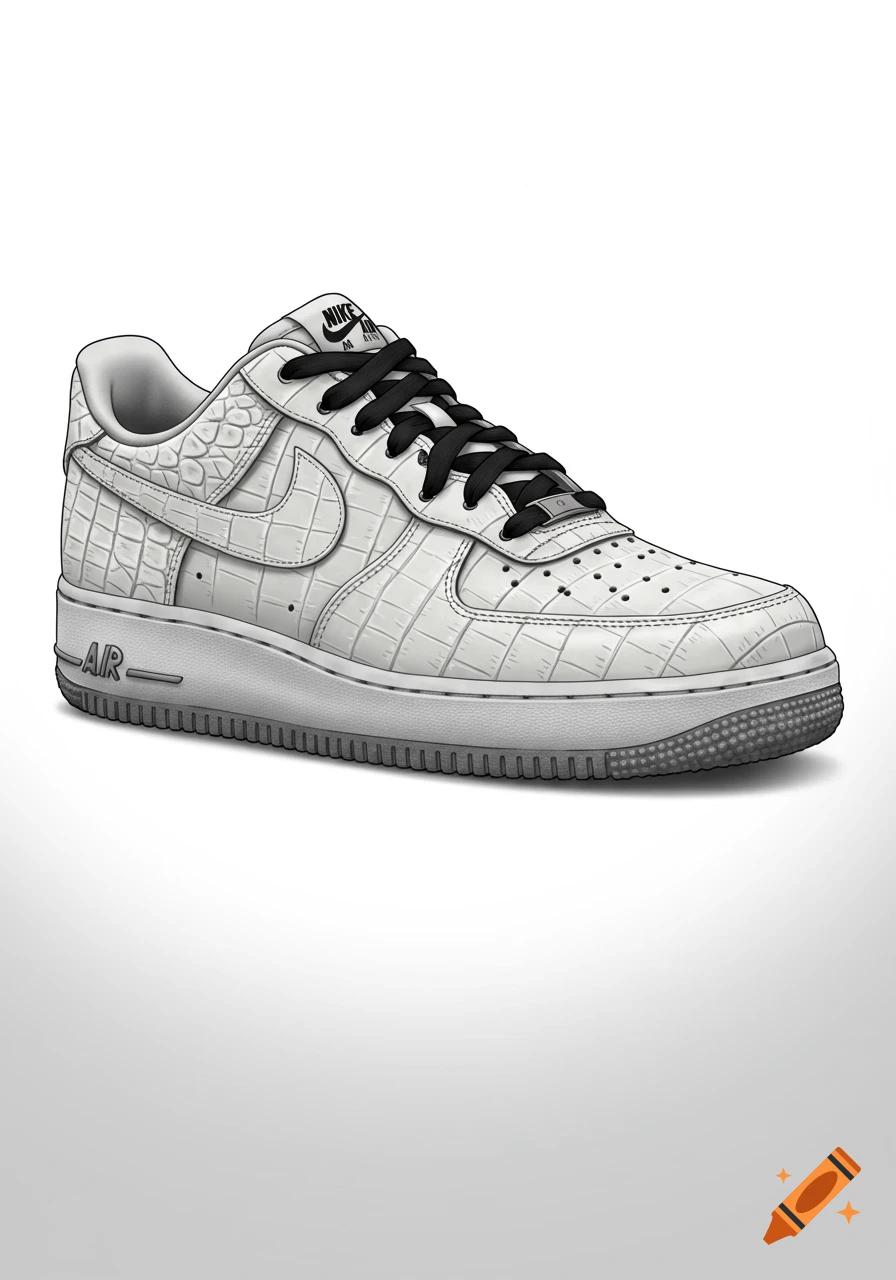 White Nike Air Force 1 sneaker with alligator texture and black laces.