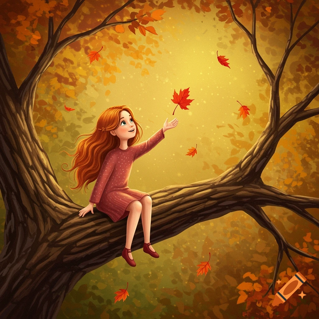 Illustrative image of a girl on a tree branch reaching for falling autumn leaves.
